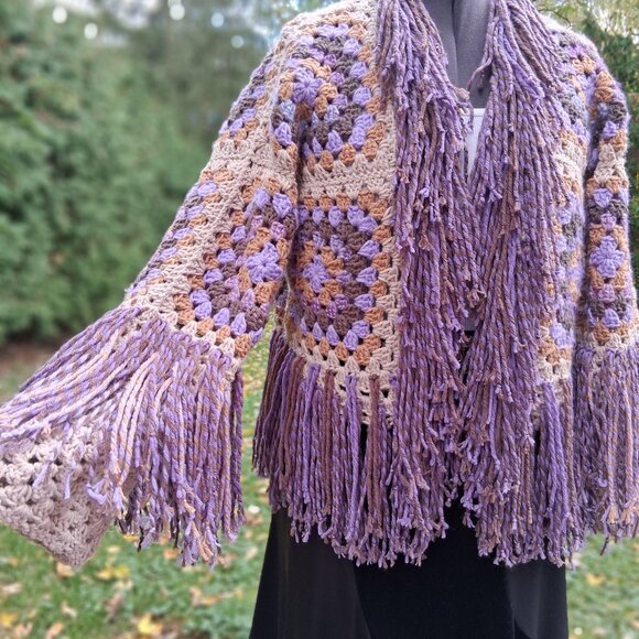 Handmade Sweaters - Super Fringe Granny Square Sweater L/XL